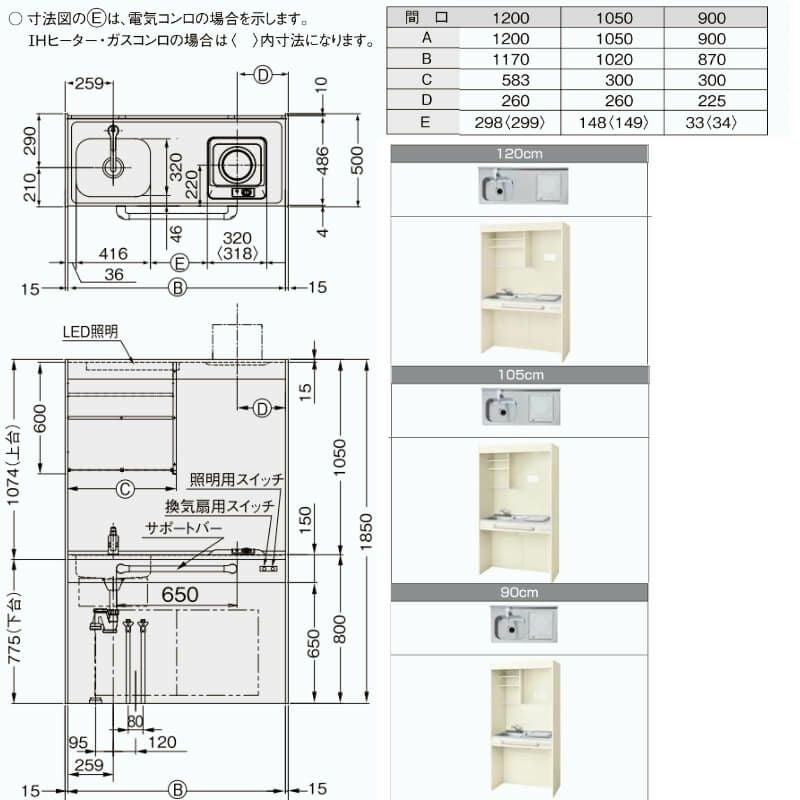 LIXIL ミニキッチン オープンタイプ フルユニット 間口120cm(1200mm) IHヒーター200V DMK12LG(W/N)(D)(1/2)F200(R/L) コンパクトキッチン 流し台 リフォーム 5枚目