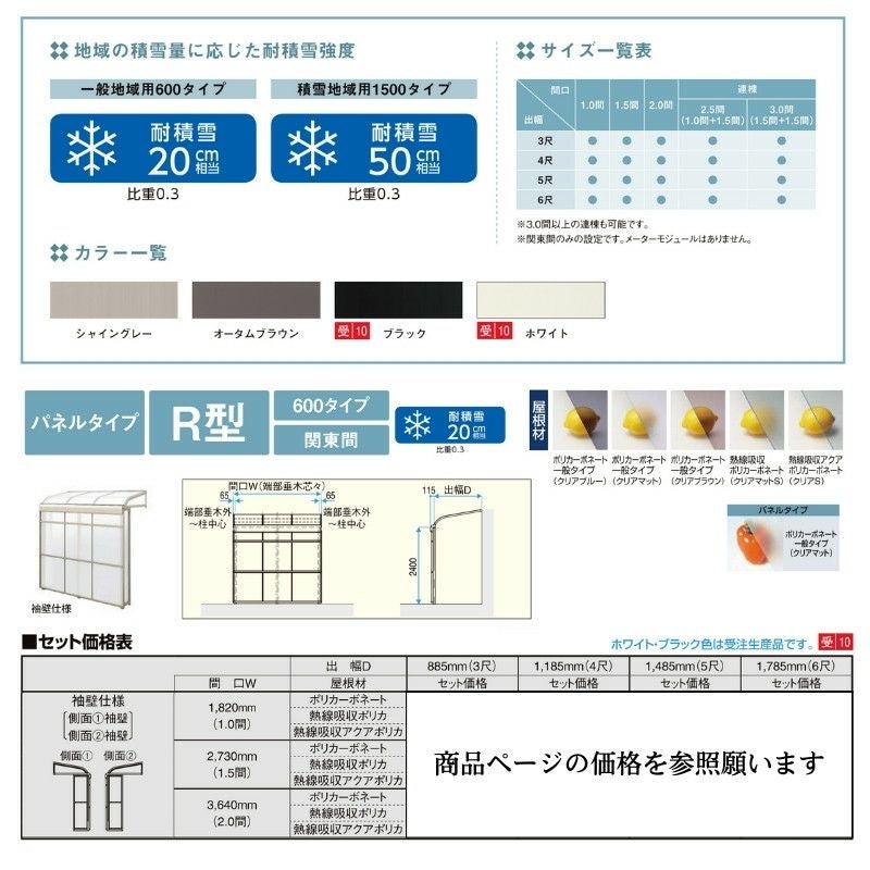 スピーネストックヤード リクシル パネルタイプ R型 袖壁仕様 間口1.5間2730mm×出幅6尺1785mm 600タイプ(耐積雪強度20cm) ストックヤード スピーネ LIXIL 2枚目