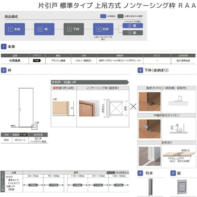 室内引戸 片引戸 標準タイプ 上吊方式 ノンケーシング枠 RAA ラフィス  1220/1320/1420/1620/1820 リクシル LIXIL Raffis 建具 リフォーム