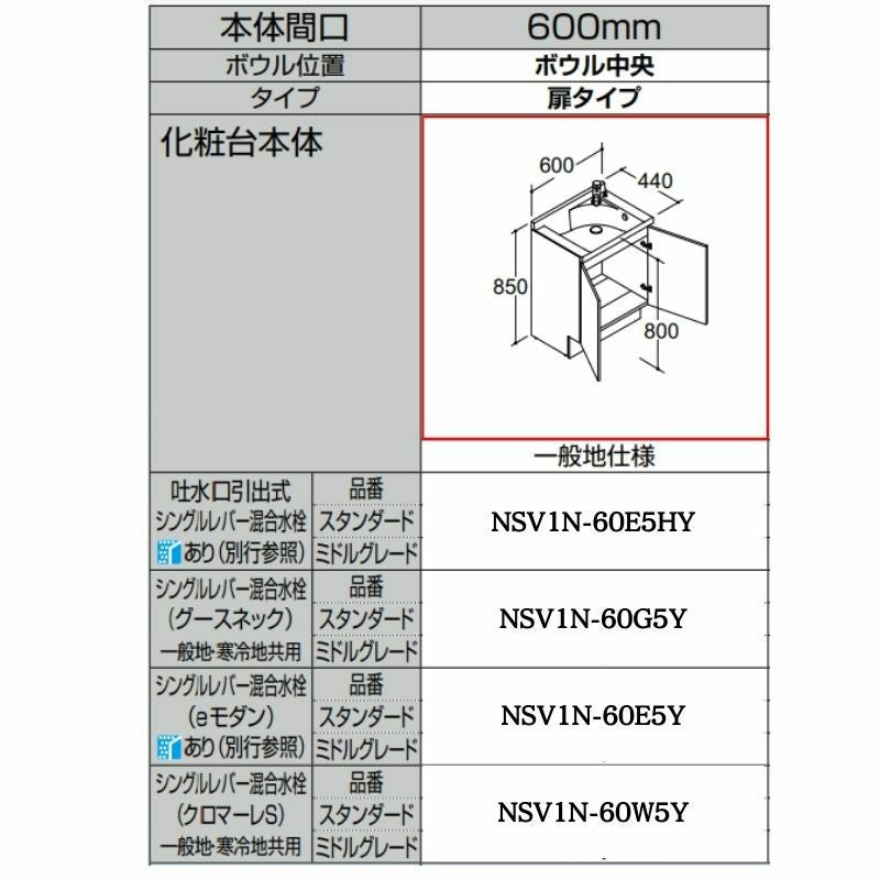 洗面化粧台エスタ ボウル一体タイプ コンポタイプ 化粧台本体 本体間口W600mm ボウル中央 扉タイプ 品番NSV1N-60W5Y他 LIXIL/INAX 洗面台 リクシル リフォーム DIY