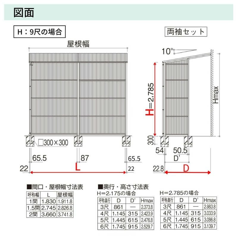 ストックヤードⅡ YKKap 6418 3.5間×六尺 間口L6405×奥行D1745×高さH2175/2785mm 両袖セット 連結タイプ ykk 積雪20cm地域用 600N/㎡ 物置