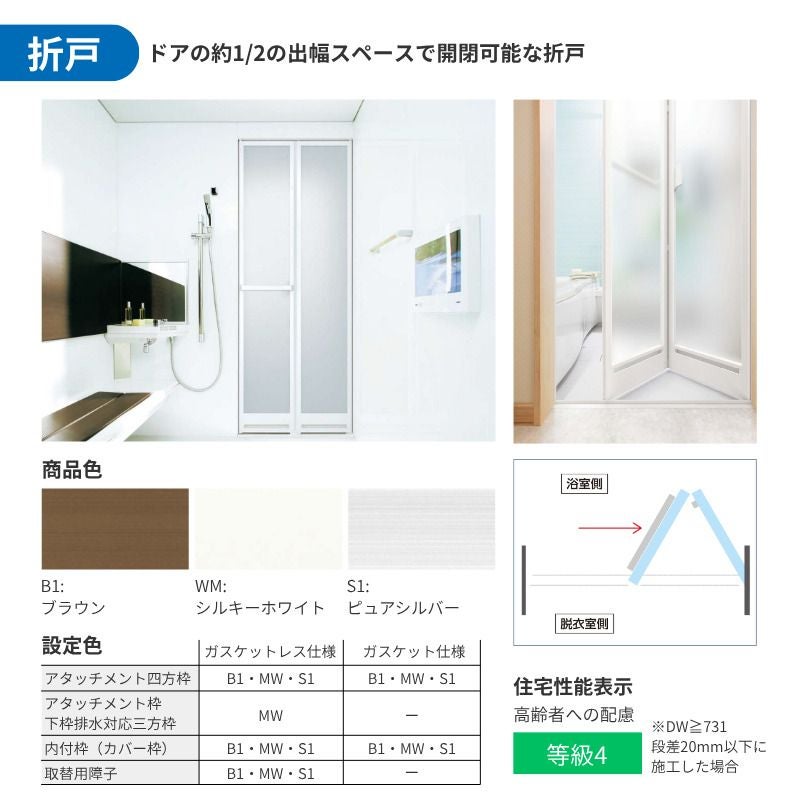 【工事パック】 かんたんドアリモ 浴室ドア 2枚折戸取替用 四方枠 アタッチメント工法 ガスケットレス仕様 幅521～873mm×高さ1527～2133mm YKKap 工事保証付