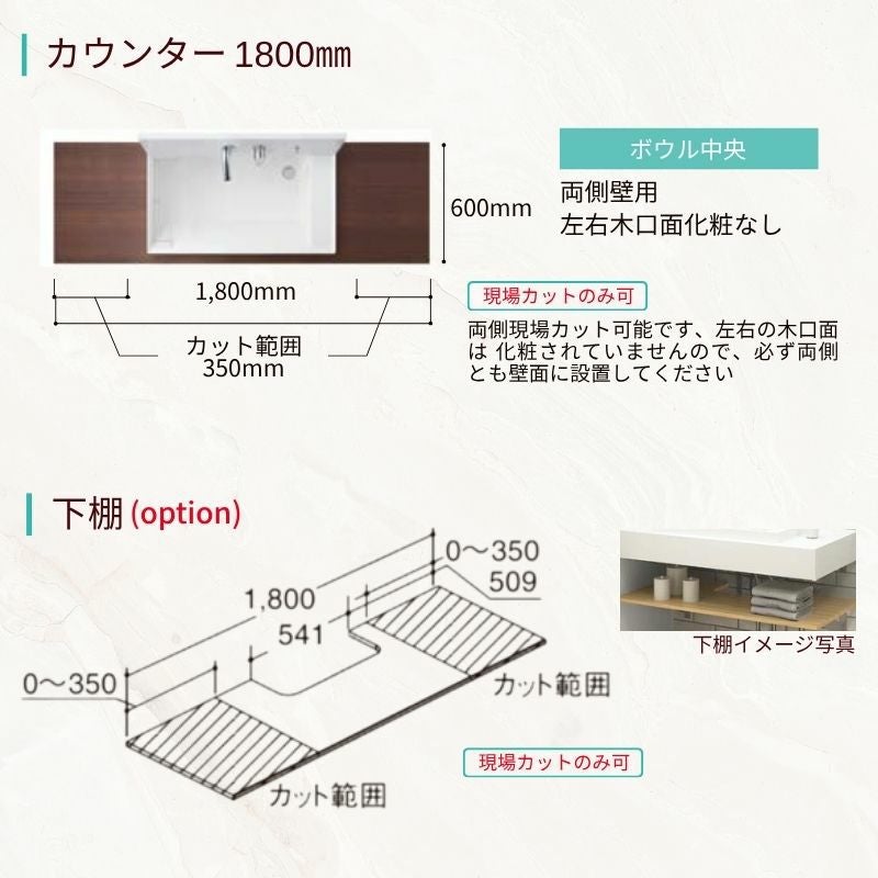 洗面化粧台 カスタムバニティ カウンター間口1100~1800mm 壁位置 両側壁 現場カット可 ボウル間口900mm ボウル位置中央 シャワー水栓 リクシル LIXIL 造作