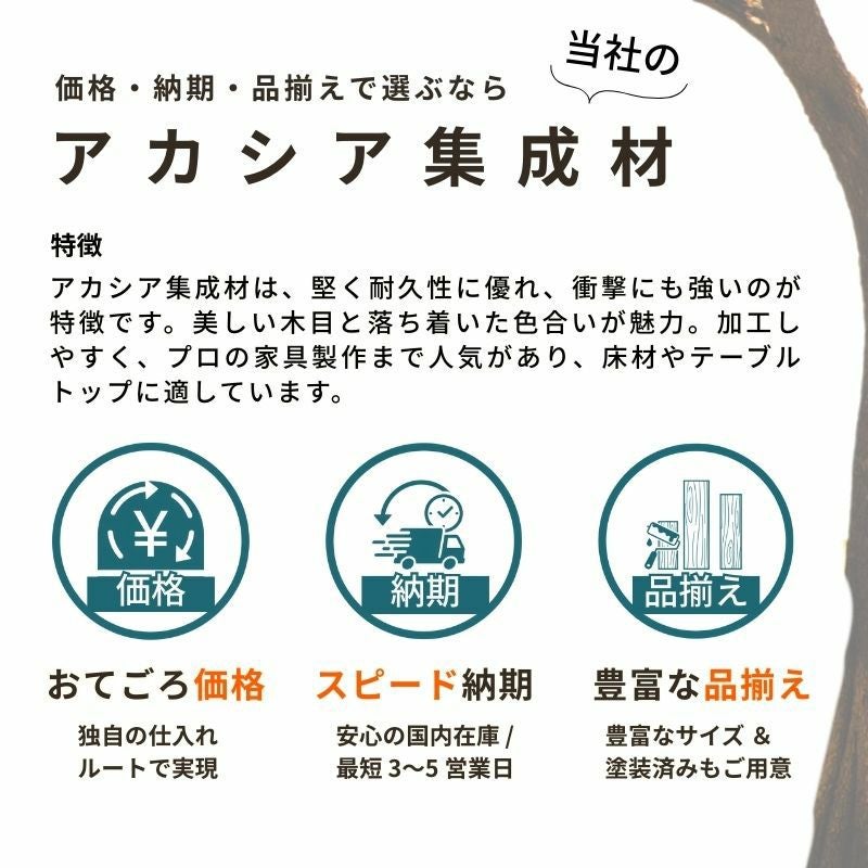 アカシア集成材 5枚組 (塗装なし)幅1820mm×奥行250mm×厚み15mm  テーブル 天板 カウンター 棚板 DIY おしゃれ 木目 耐久性 フリー板 反り ねじれ 変形が少ない