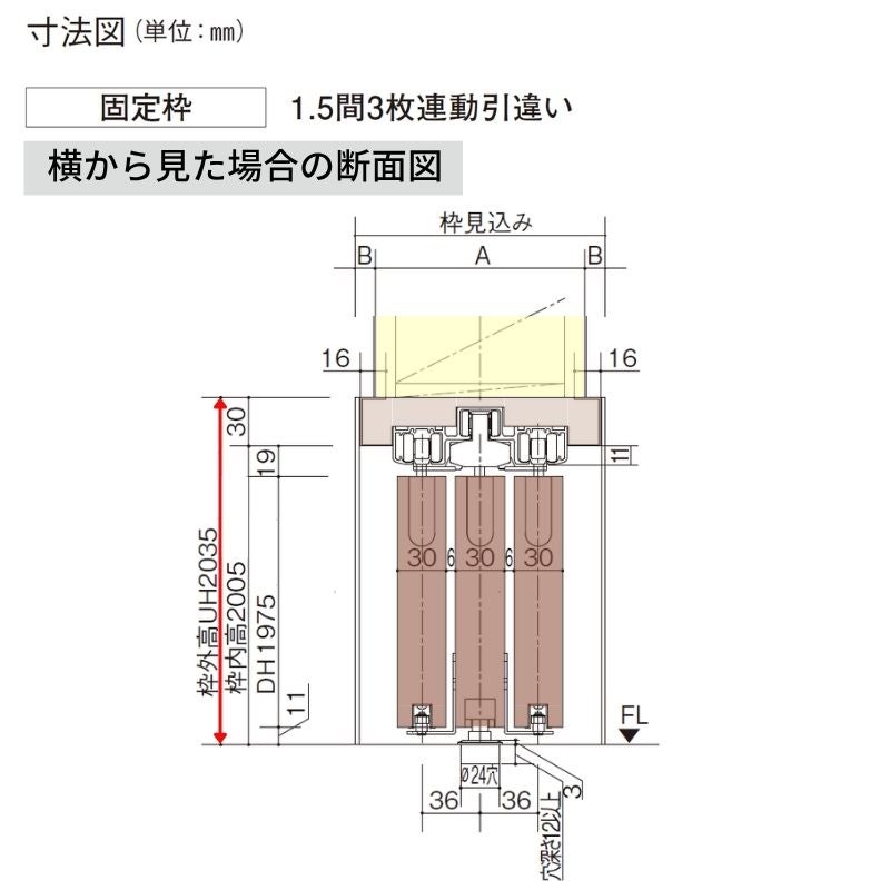 室内引戸 上吊り引戸 3枚連動引違い ベリティス 採光タイプ MC型 UW2430mm×UH2035mm 固定枠 スタンダードレーベル パナソニック おしゃれ リフォーム DIY