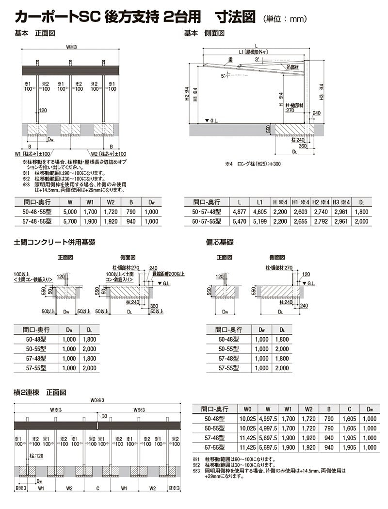 カーポート 4台駐車場 W11425×L4877 カーポートSC 後方支持 2台用(横2連棟) 57-48型 アルミ形材屋根材 リクシル/LIXIL 駐車場 車庫 ガレージ 本体 おしゃれ