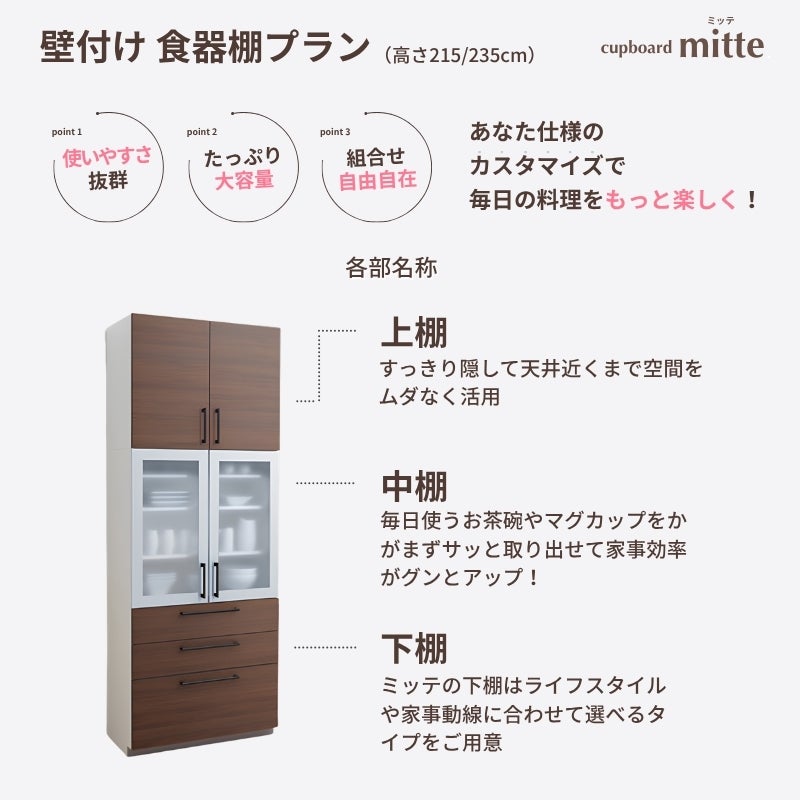 カップボード ミッテ 食器棚 間口45cm(450)mm 壁付型 食器棚高さ215/235cm 奥行45cm TOTO PG2 トールタイプ トートー 収納 周辺ユニット mitte おしゃれ DIY
